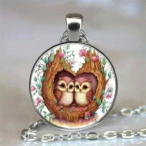 Silver OWL Glass Cabochon Pendant Necklace